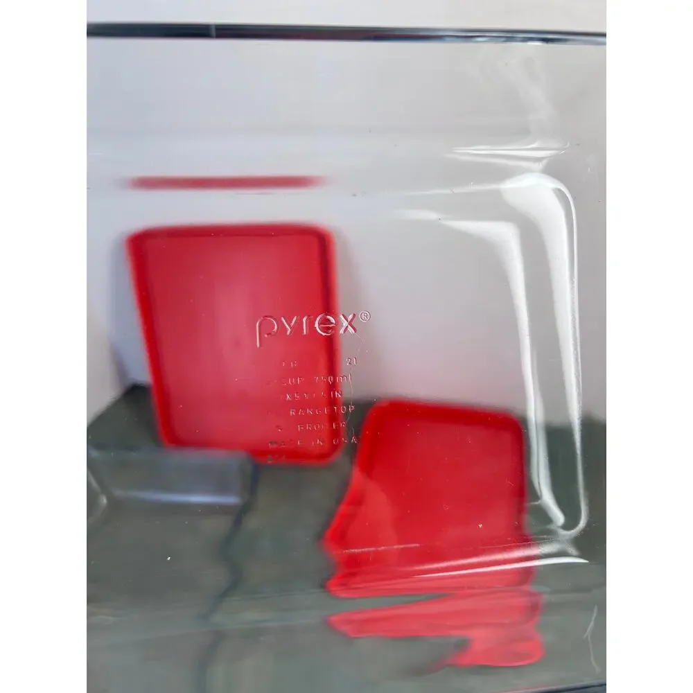 Pyrex 3 Cup & 6 Cup Glass Storage Containers w/ Red Lids USA 7210-PC Set of 2
